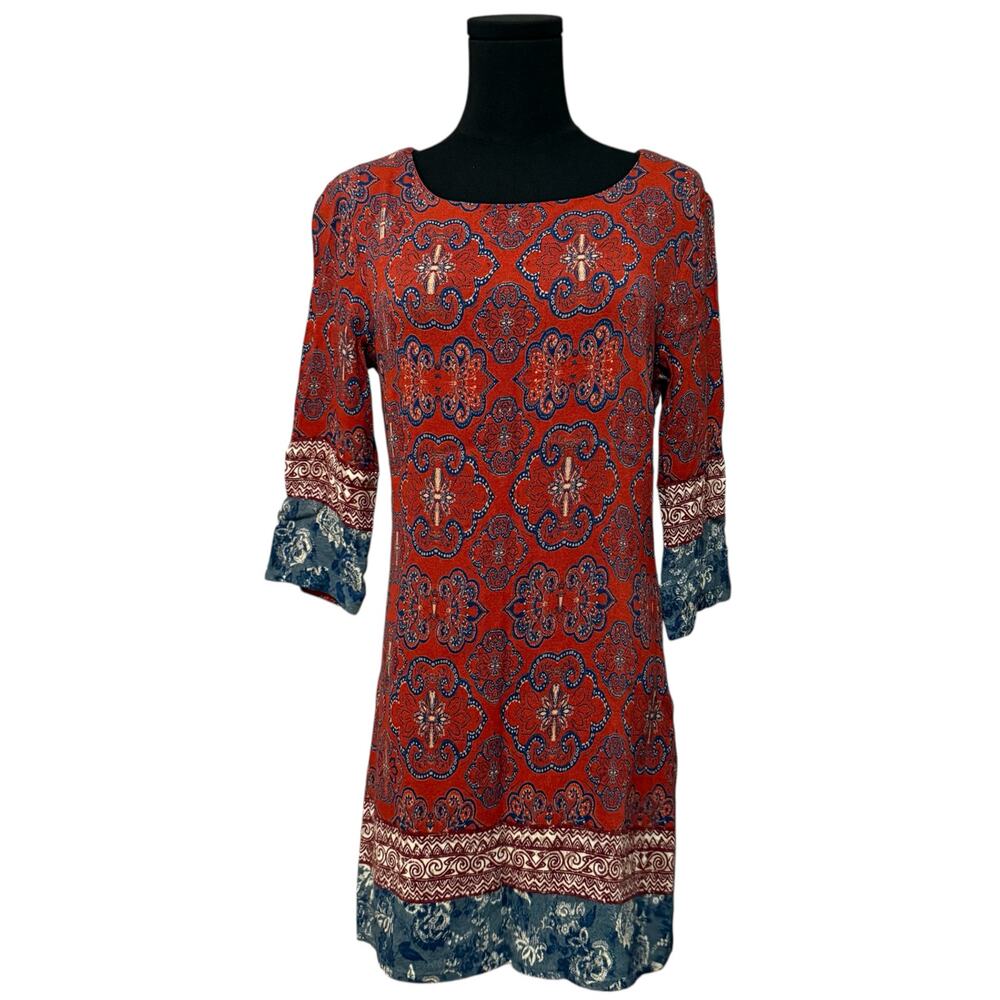 Desigual Tina Mini Dress Pattern Print 3/4 Sleeve Red Blue Size 40 (Fits Medium)